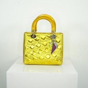 Christian Dior Yellow Anselm Reyle Medium Metallic Lambskin Cannage Lady Dior Ha